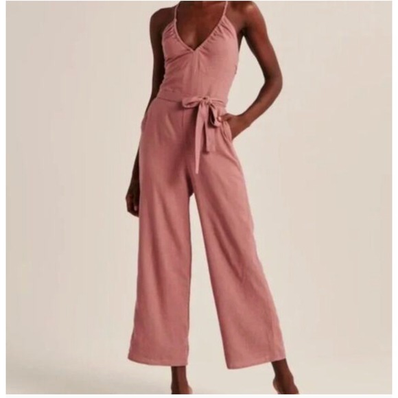 Abercrombie & Fitch Pants - Abercrombie & Fitch Womens Medium Linen Blend Wide Leg Jumpsuit Mauve Tie Back